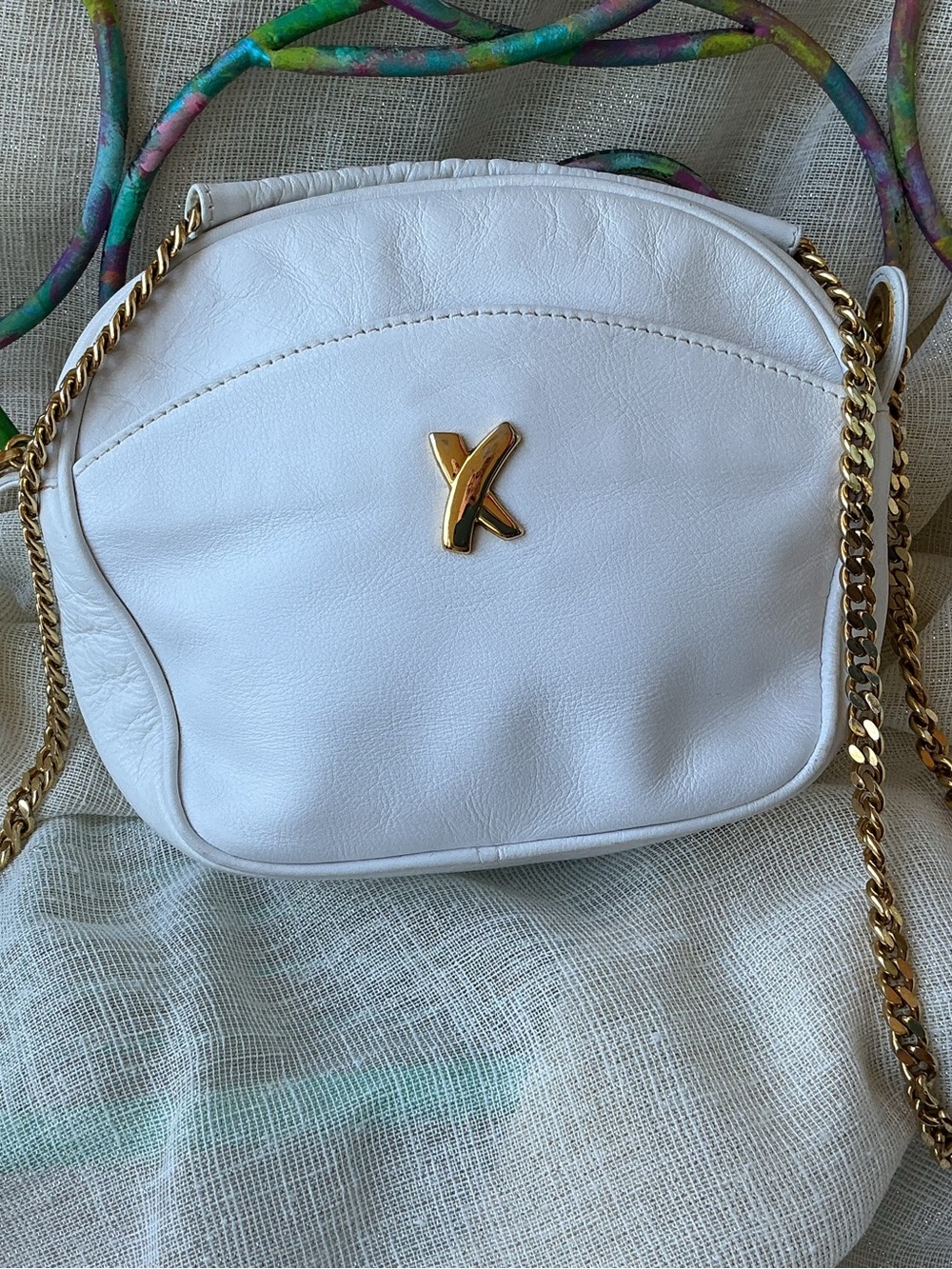 White Mini Crossbody Bag with Gold 'X' Accent